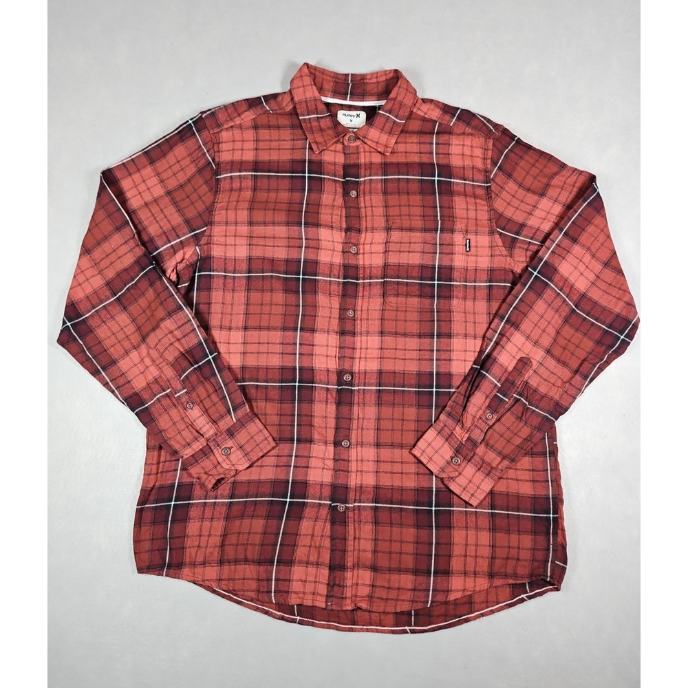 Hurley Mens Red Plaid Flannel Button Front Long Sleeve Shirt Size Medium